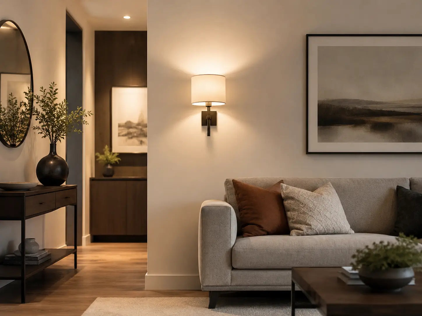 Wall sconces mounted at eye level in a modern hallway