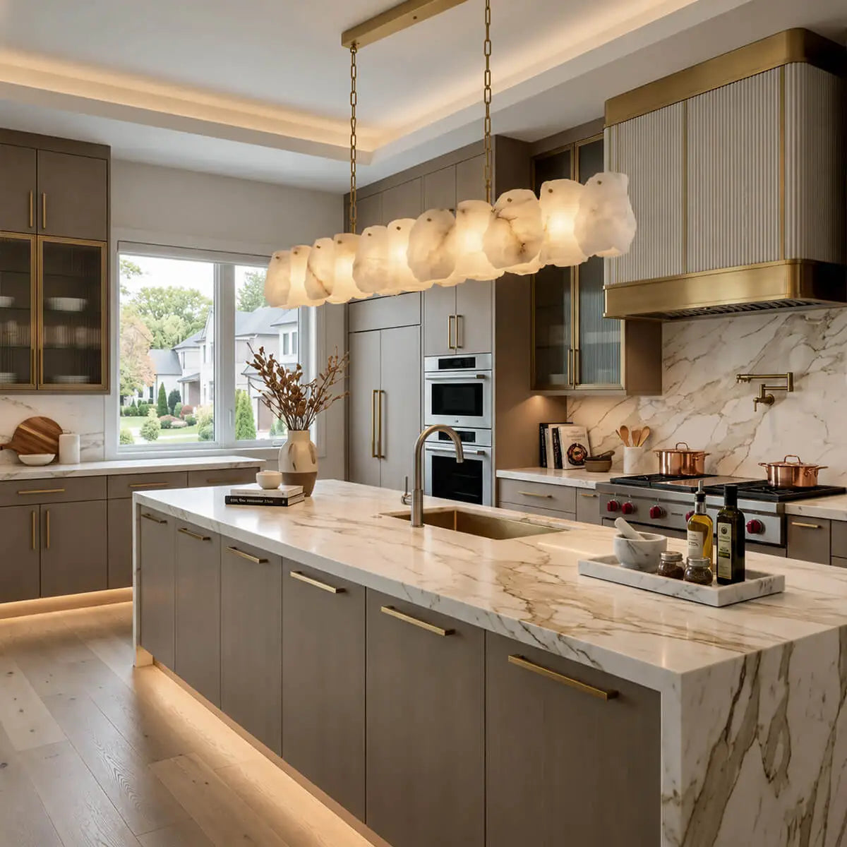 Brass Alabaster Linear Island Chandelier
