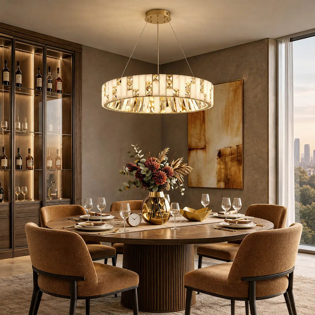 Crystal & Alabaster Round Chandelier