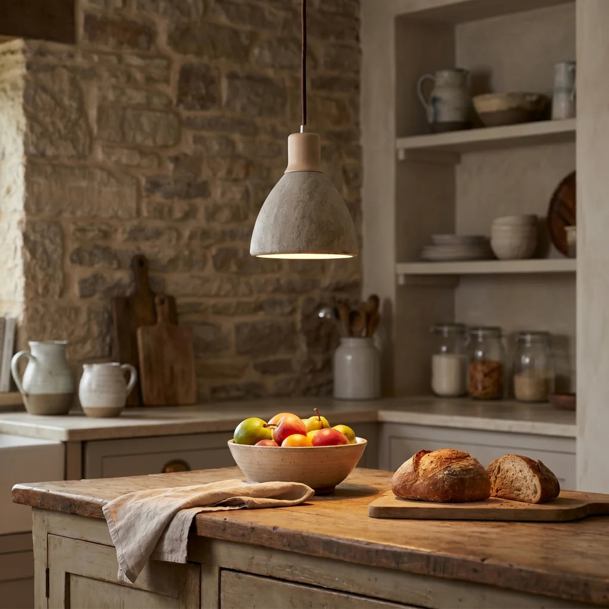 Organic Modern Pendant Light — Textured Stone Resin & Wood Accent