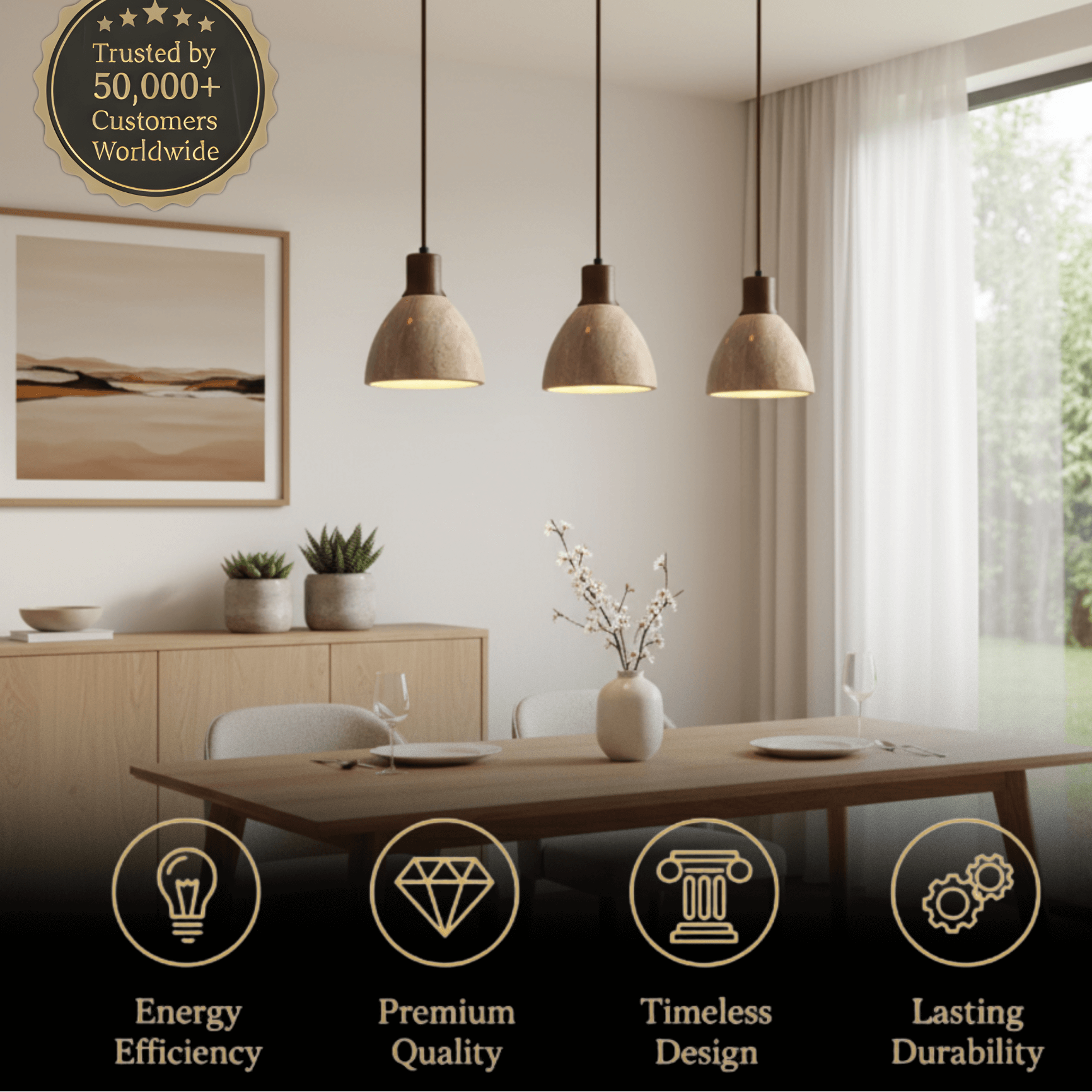 Organic Modern Pendant Light — Textured Stone Resin & Wood Accent