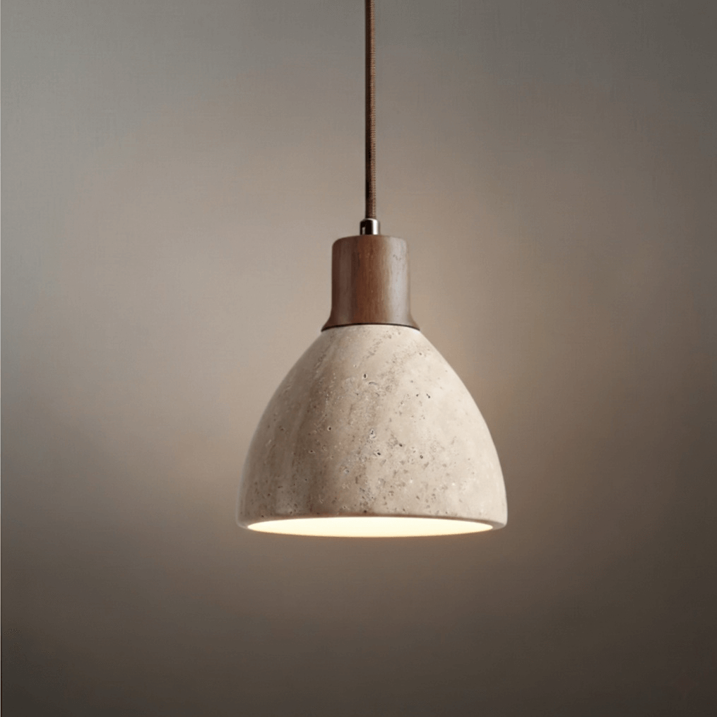 Organic Modern Pendant Light — Textured Stone Resin & Wood Accent