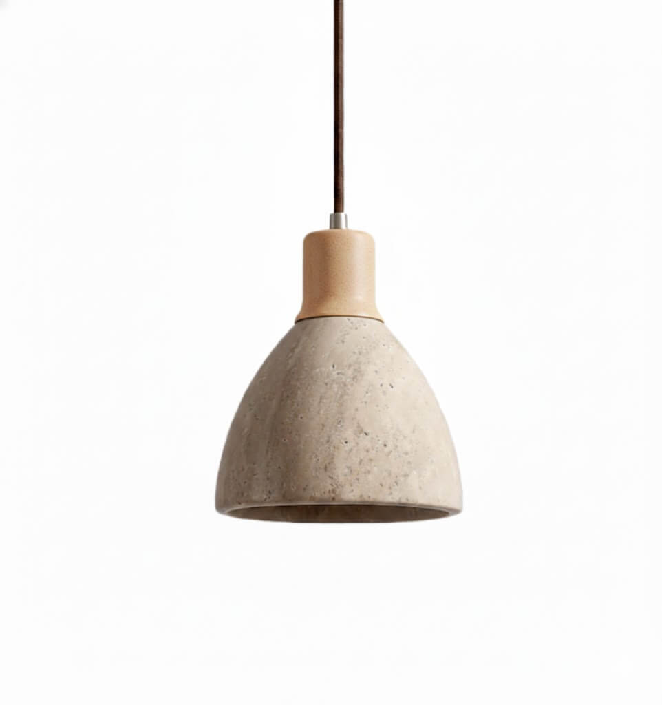 Organic Modern Pendant Light — Textured Stone Resin & Wood Accent