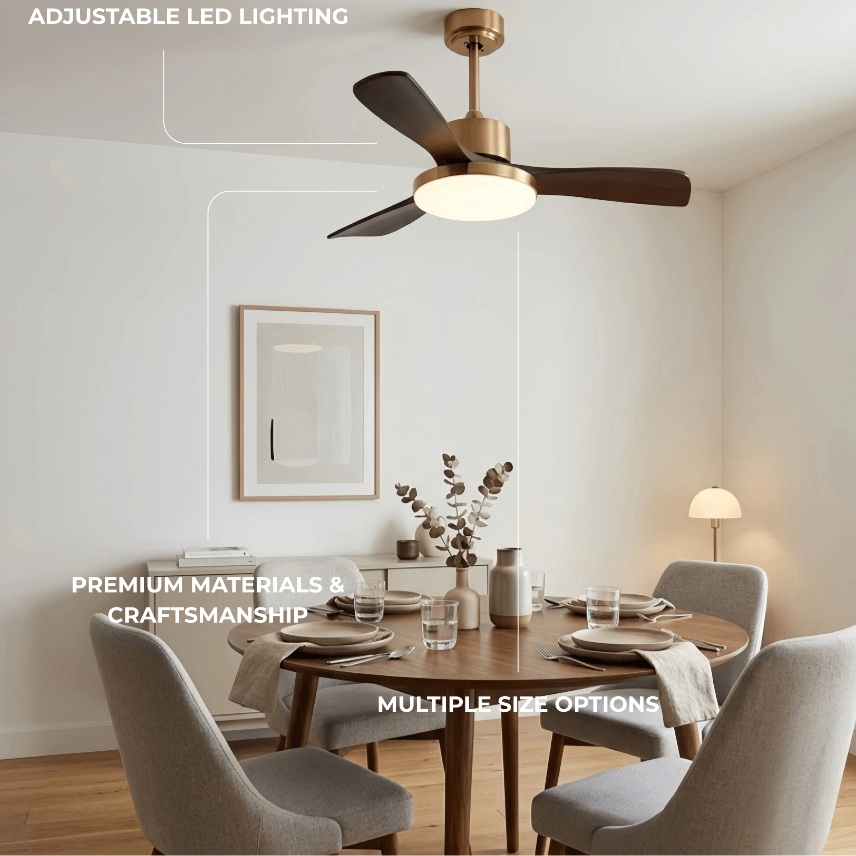 Modern Ceiling Fan Light with LED -- Walnut Wood & Gold