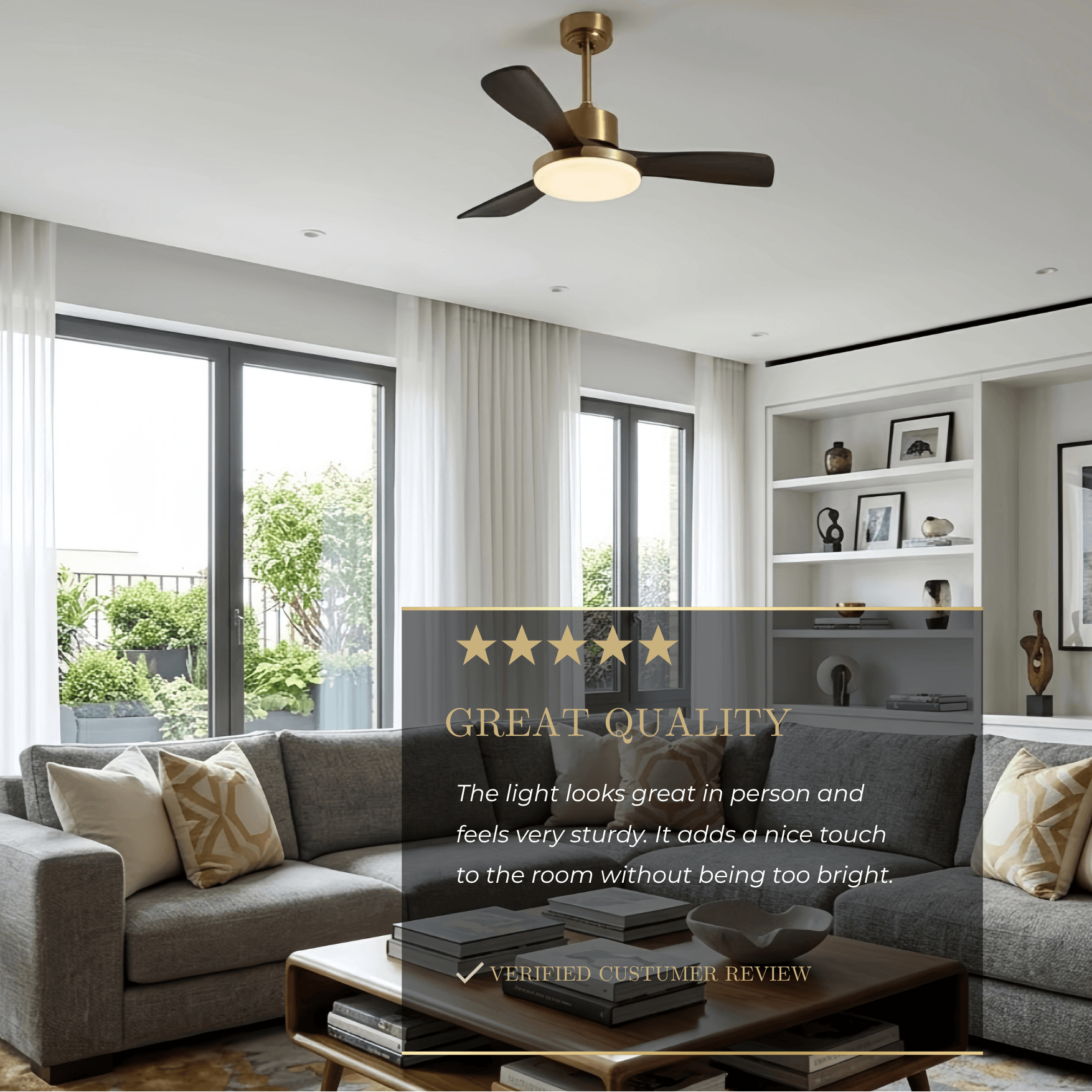 Modern Ceiling Fan Light with LED -- Walnut Wood & Gold