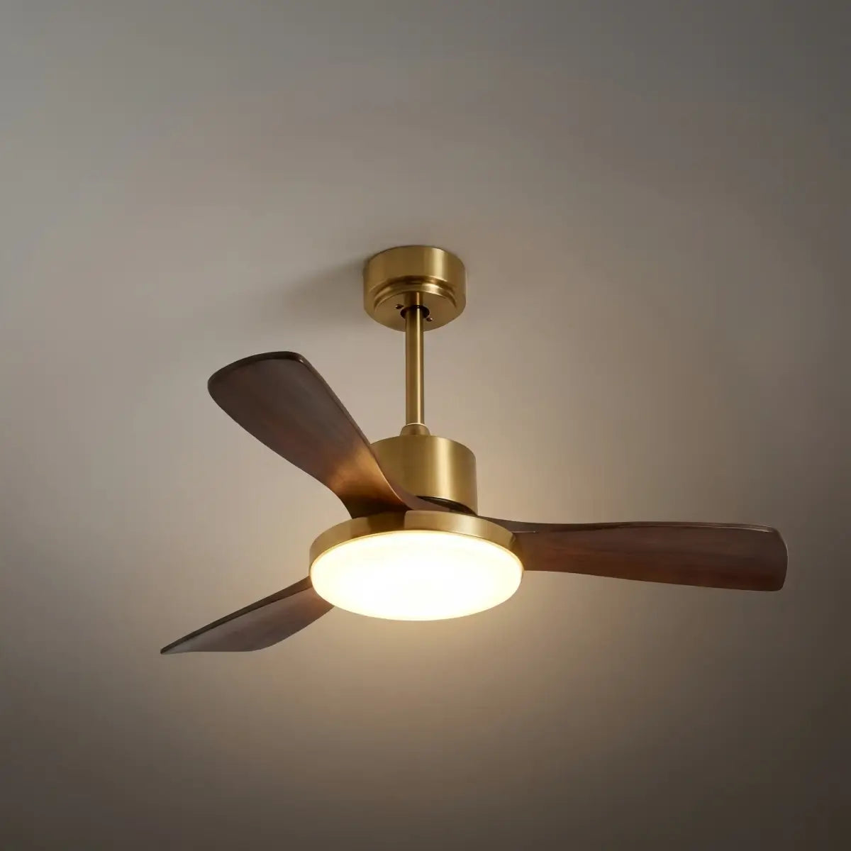 Modern Ceiling Fan Light with LED -- Walnut Wood & Gold