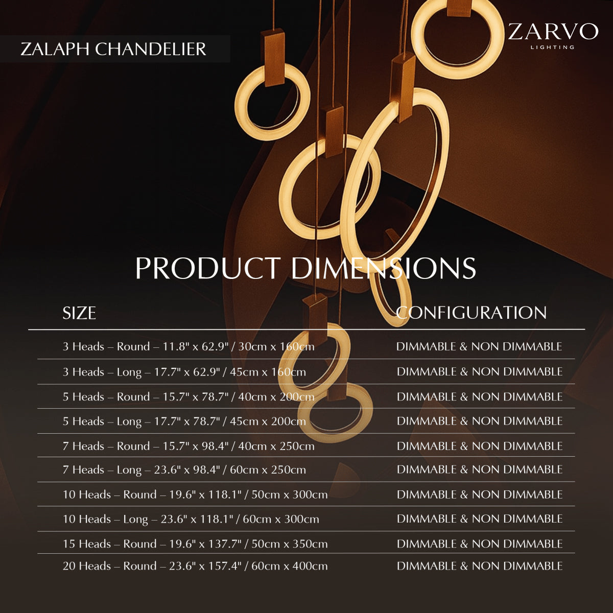 Zalaph Chandelier 20 Heads - Round: D23.6"(60cm) x H157.4"(400cm)