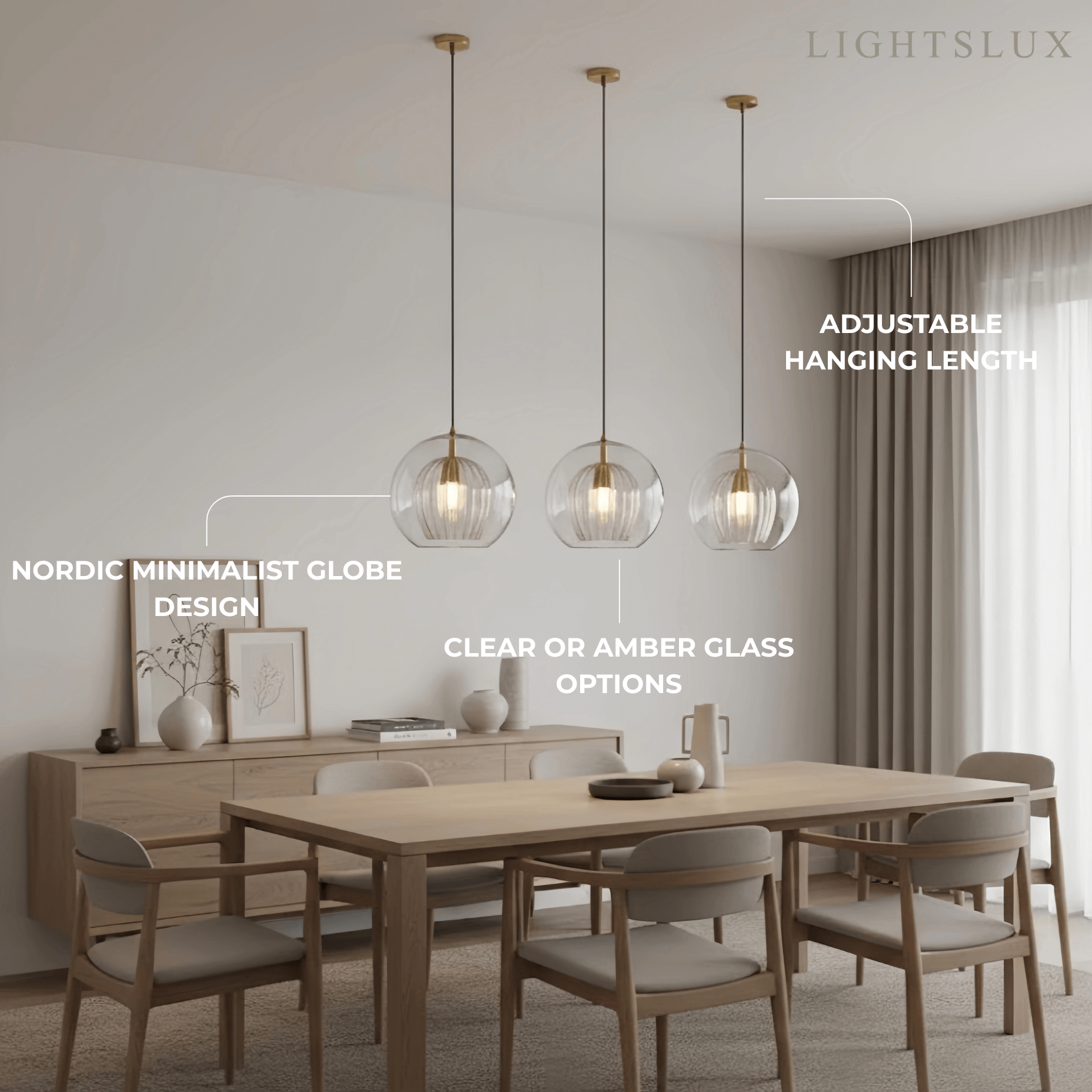 Vetro Nordic Globe Pendant Light – Clear or Amber Glass for Bedroom