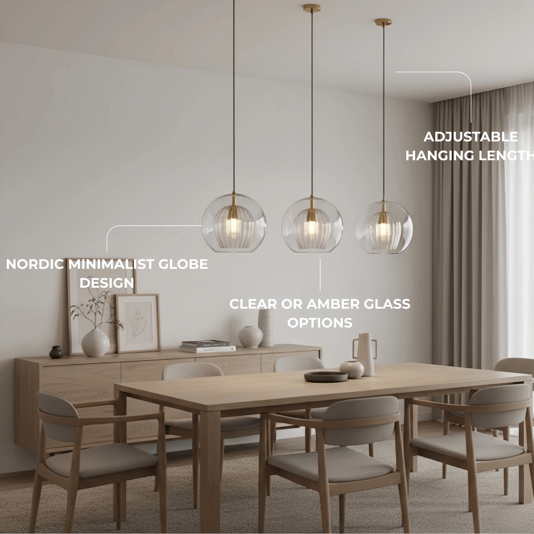 Vetro Nordic Globe Pendant Light – Clear or Amber Glass for Bedroom