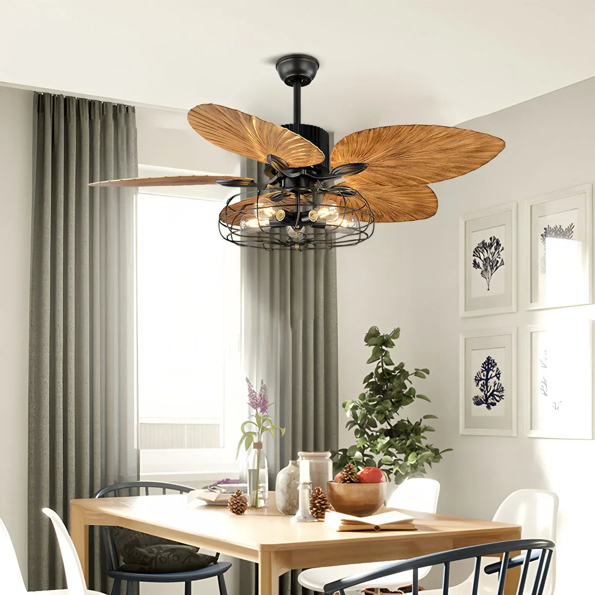 Industrial Tropical Palm Leaves Ceiling Fan Light
