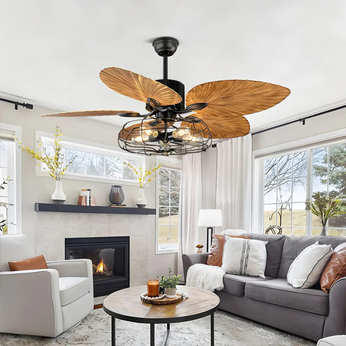 Industrial Tropical Palm Leaves Ceiling Fan Light