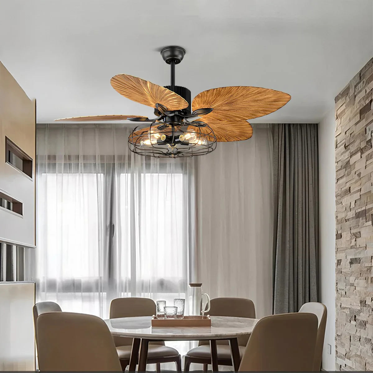 Industrial Tropical Palm Leaves Ceiling Fan Light