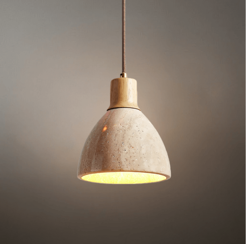 Organic Modern Pendant Light — Textured Stone Resin & Wood Accent
