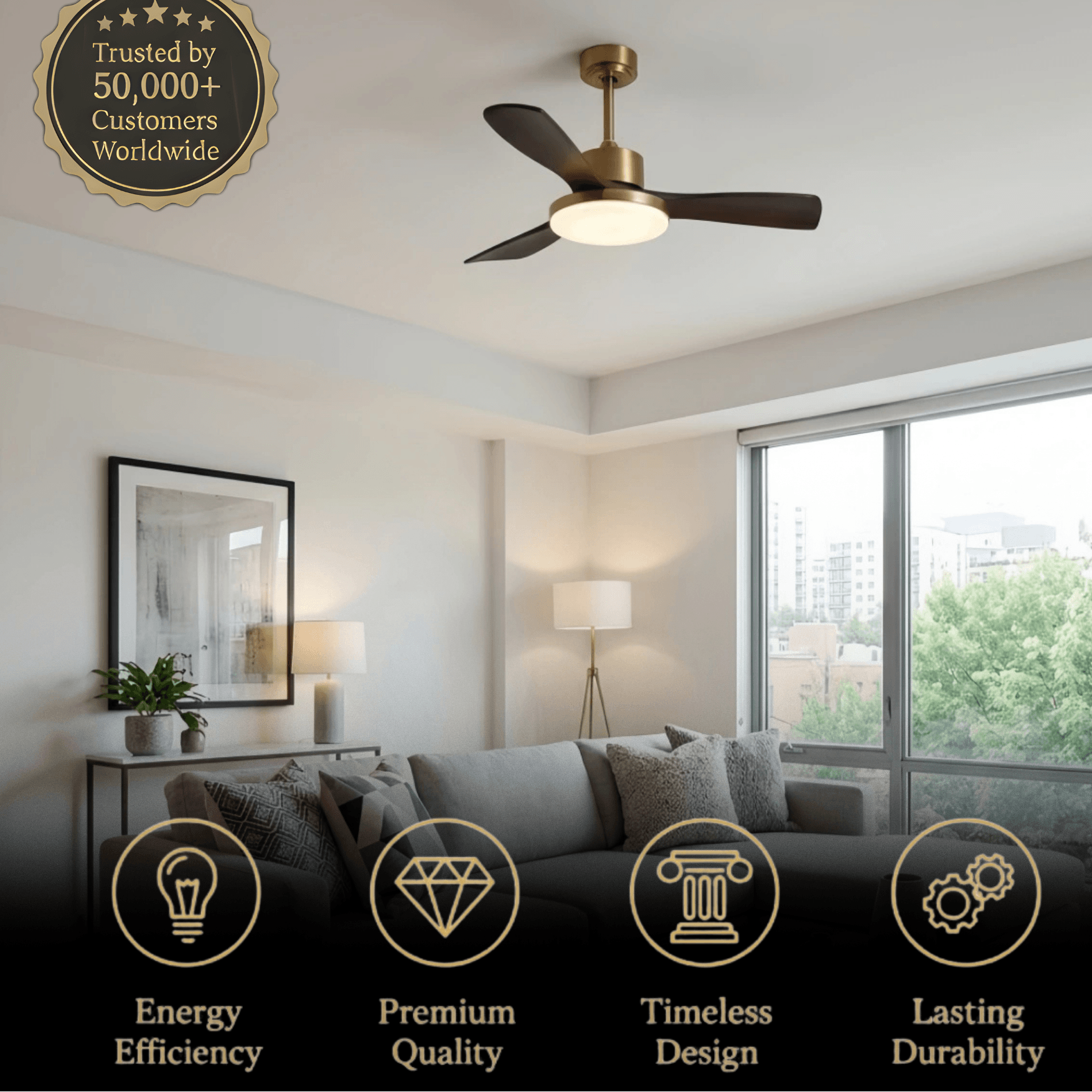 Modern Ceiling Fan Light with LED -- Walnut Wood & Gold