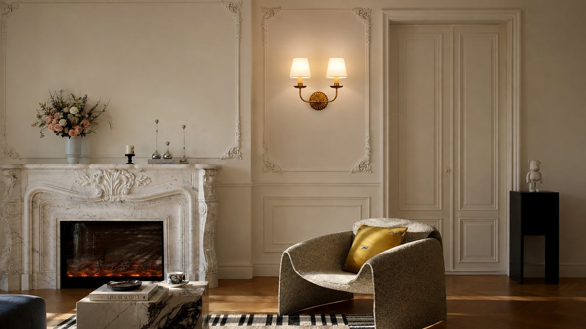 Double Wall Lamp with White Fabric Shades