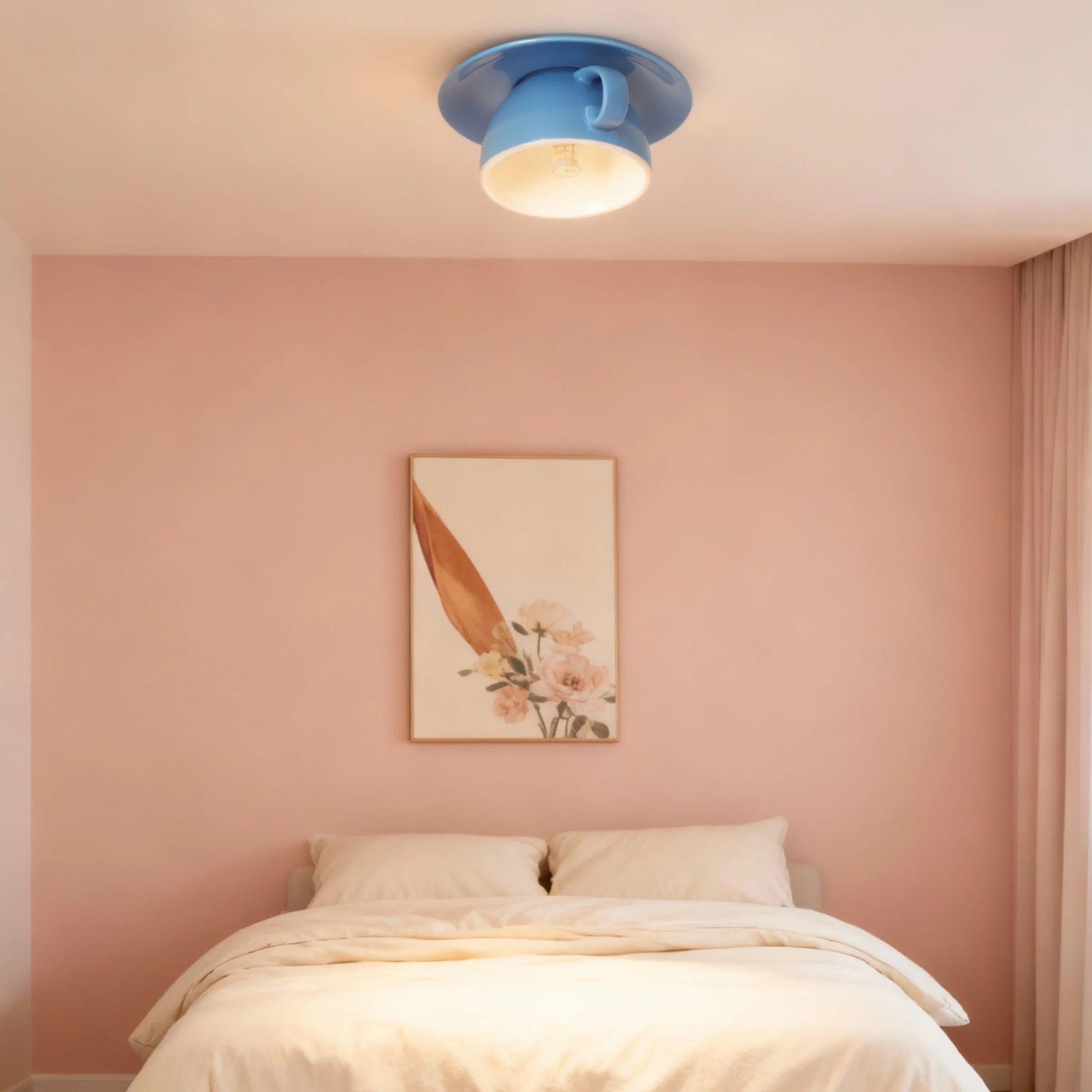 Art Deco Ceramic Ceiling Light - Blue Cup Design for Bedroom