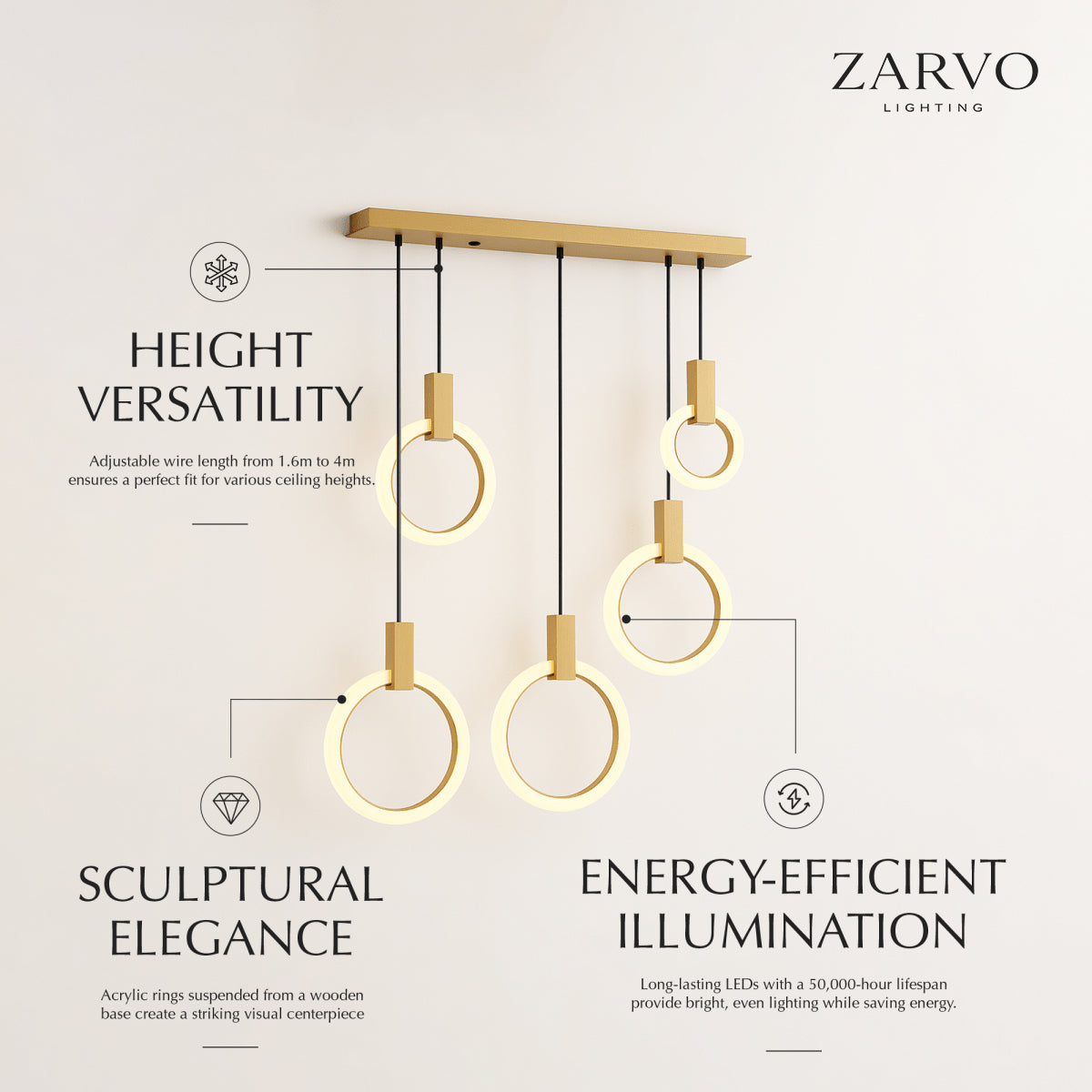 Zalaph Chandelier 5 Heads - Long: L17.7"(45cm) x H78.7"(200cm)